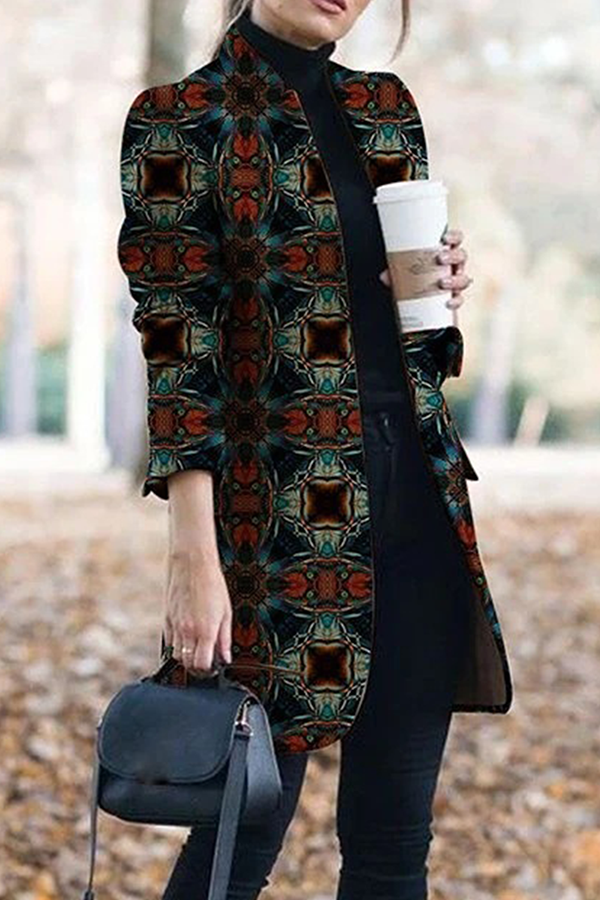 Casual Print Patchwork Buttons Turn-back Collar Outerwear(12 Colors)