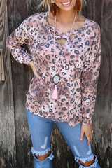 Casual Leopard Hollowed Out Split Joint V Neck Tops(3 colors)