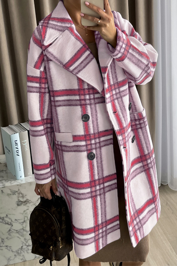 Fashion Elegant Plaid Split Joint Buckle Turndown Collar Outerwear