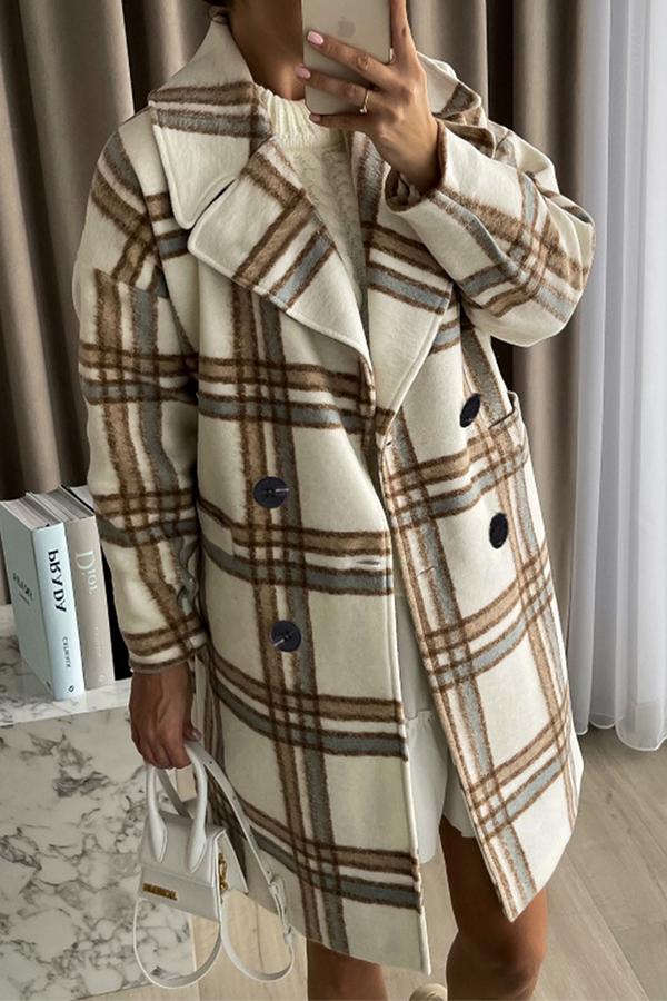 Fashion Elegant Plaid Split Joint Buckle Turndown Collar Outerwear