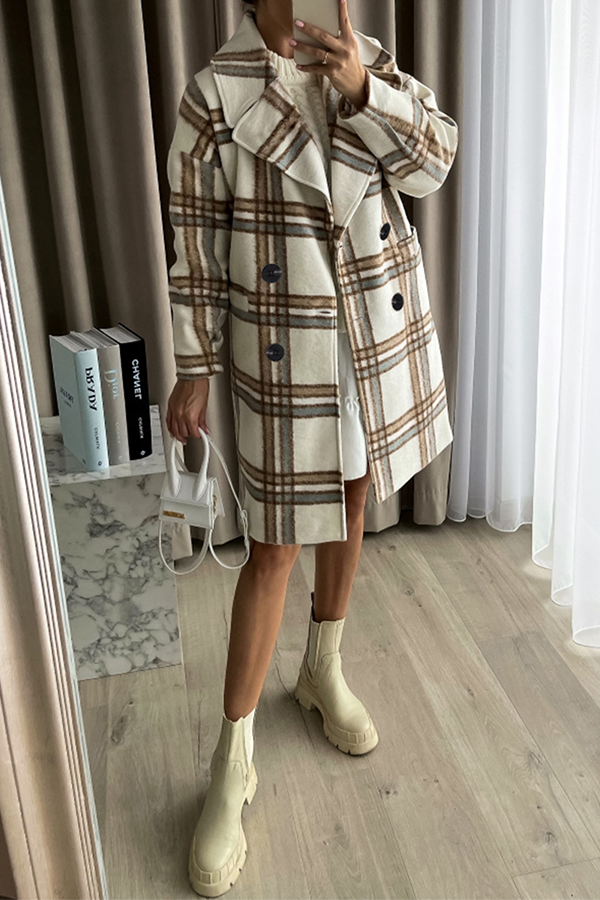 Fashion Elegant Plaid Split Joint Buckle Turndown Collar Outerwear