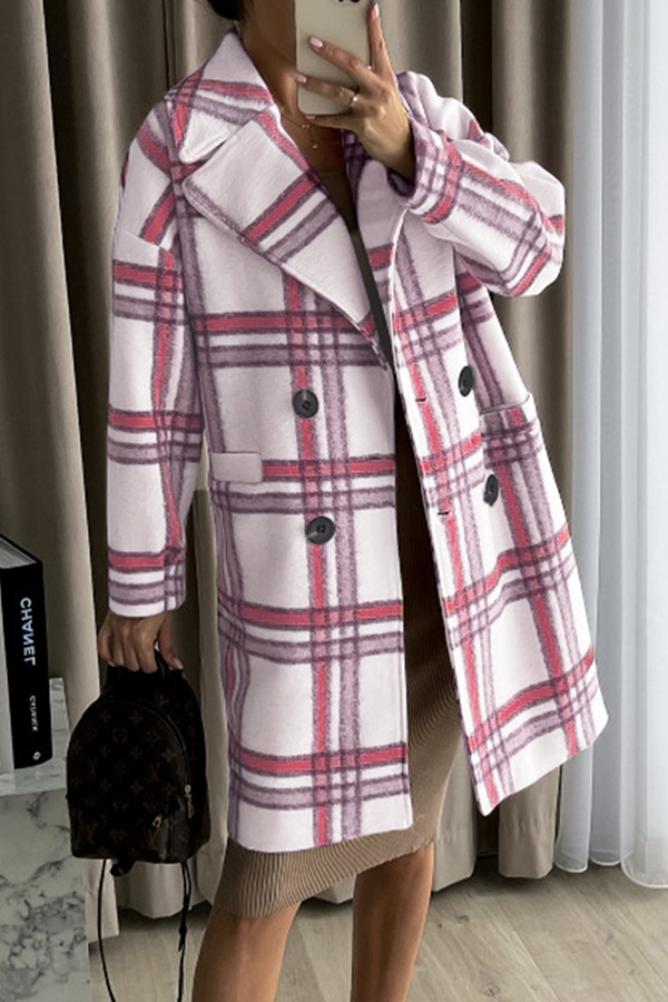 Fashion Elegant Plaid Split Joint Buckle Turndown Collar Outerwear