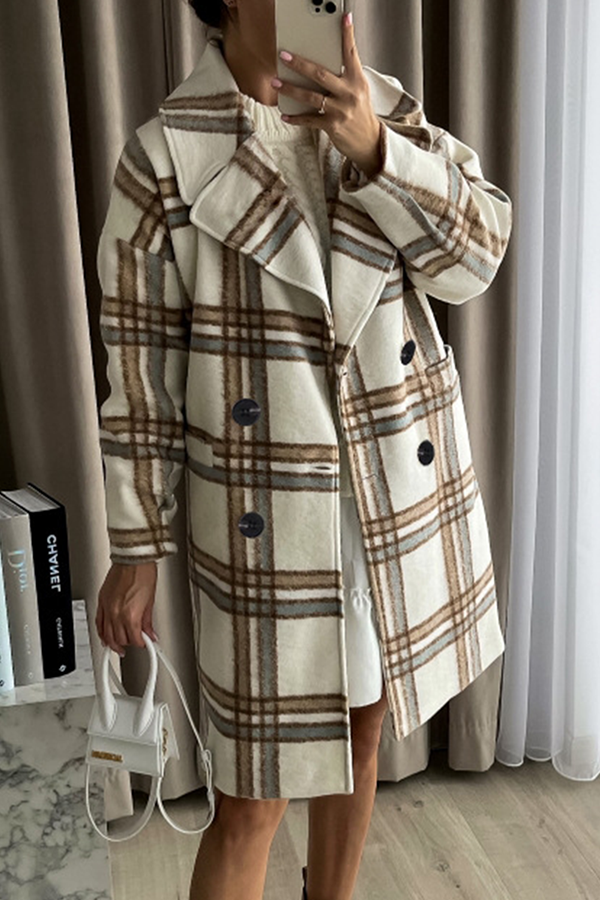 Fashion Elegant Plaid Split Joint Buckle Turndown Collar Outerwear