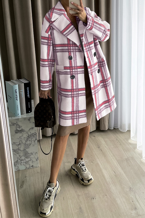 Fashion Elegant Plaid Split Joint Buckle Turndown Collar Outerwear