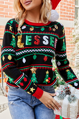 Casual Letter Christmas Tree Printed Sequins Split Joint O Neck Tops