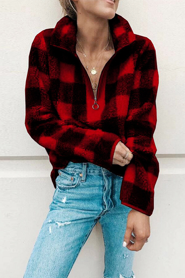 Street Plaid Split Joint Zipper Zipper Collar Tops