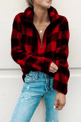 Street Plaid Split Joint Zipper Zipper Collar Tops