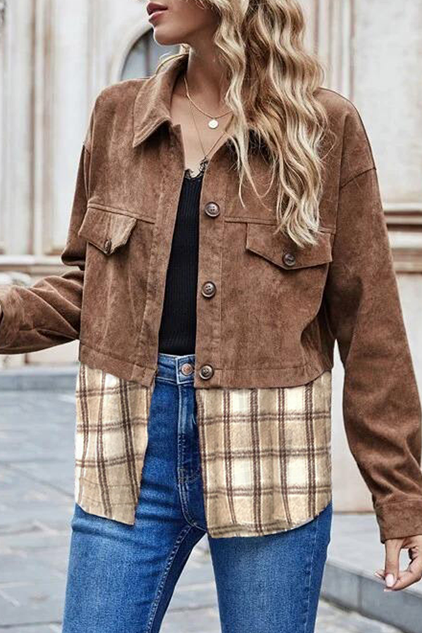 Casual Plaid Split Joint Buckle Turndown Collar Outerwear