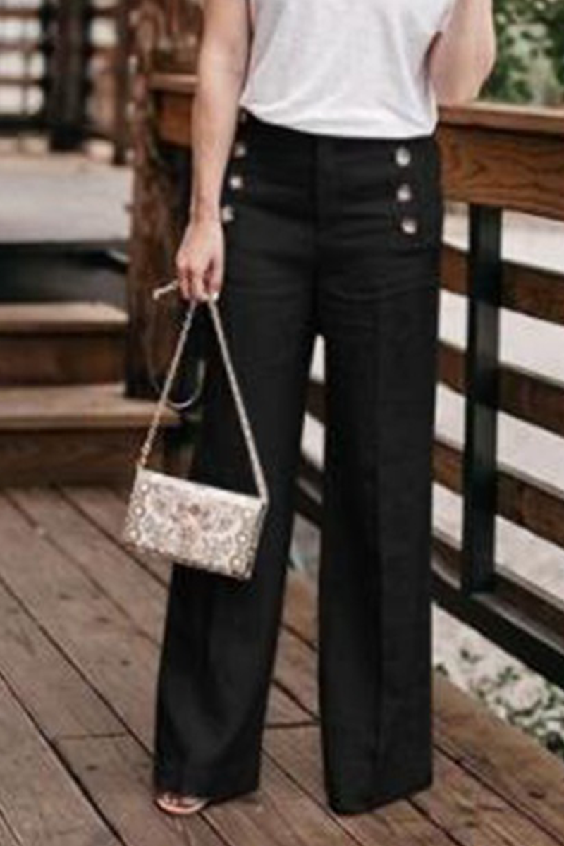 Casual Solid Buckle Straight High Waist Wide Leg Solid Color Bottoms(5 Colors)