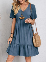 V-neck Solid Ruffle Hem Mini Dress