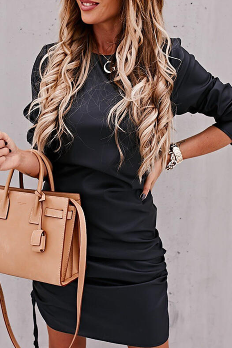 Fashion Casual Solid Draw String Fold O Neck Dresses