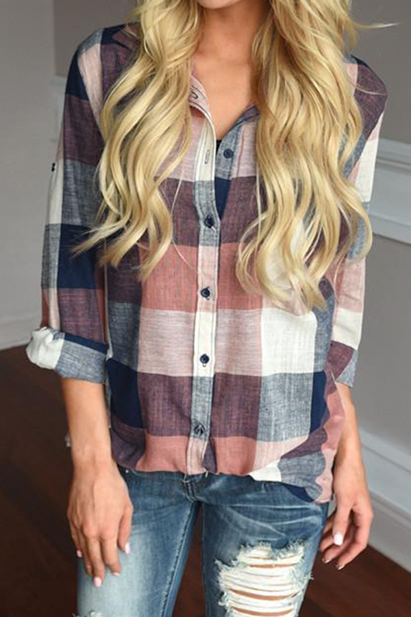 Casual Plaid Pocket Buckle Turndown Collar Tops