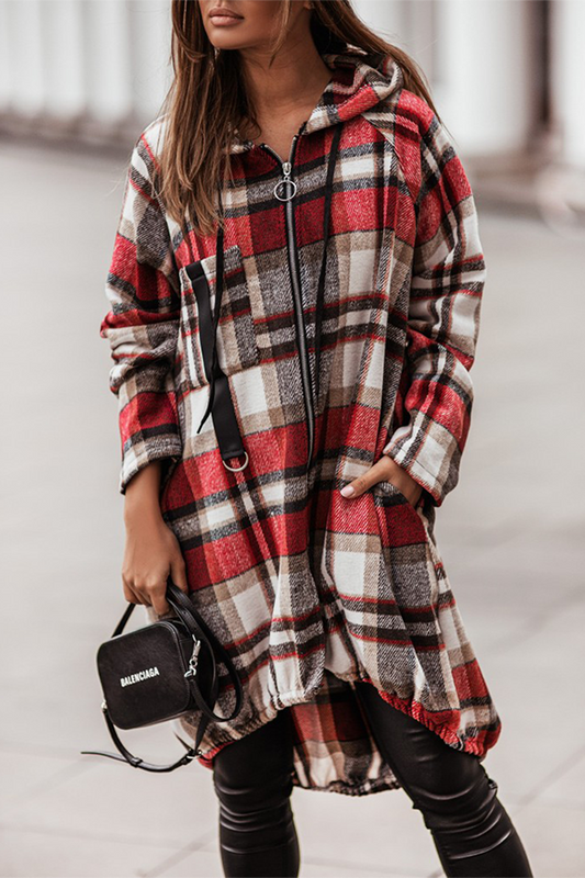 Casual Street Plaid Pocket Zipper Hooded Collar Outerwear(3 Colors)