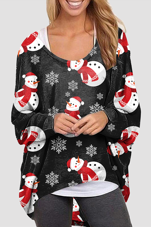 Casual Santa Claus Snowman Printed Basic O Neck Tops