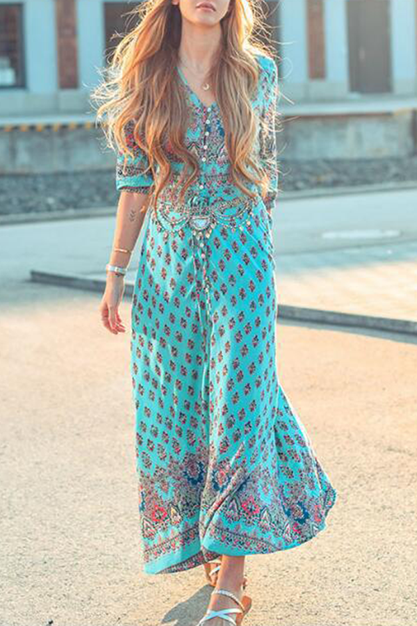 Bohemian Print Buckle Slit V Neck Dresses(7 Colors)