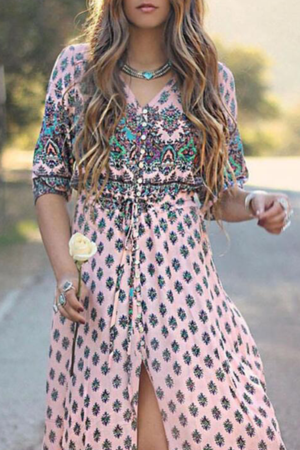 Bohemian Print Buckle Slit V Neck Dresses(7 Colors)