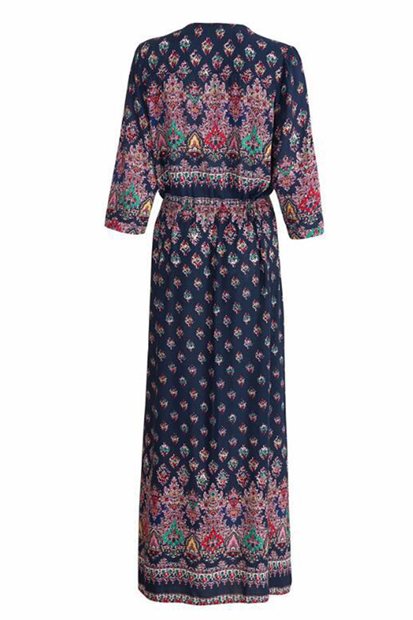 Bohemian Print Buckle Slit V Neck Dresses(7 Colors)