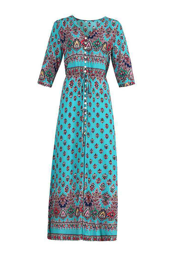 Bohemian Print Buckle Slit V Neck Dresses(7 Colors)