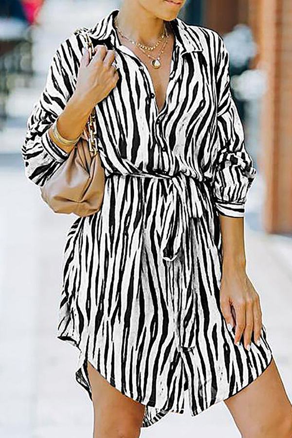 Fashion Casual Striped Buckle With Belt Turndown Collar Shirt Dress Dresses£¨7 colors£©