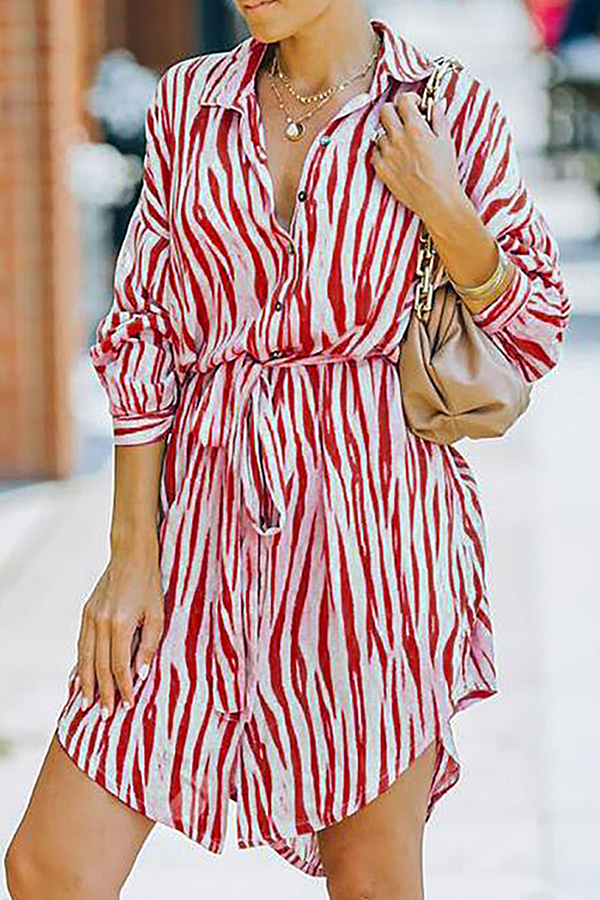 Fashion Casual Striped Buckle With Belt Turndown Collar Shirt Dress Dresses£¨7 colors£©