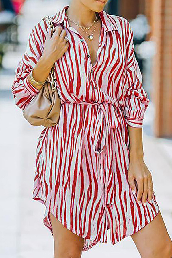 Fashion Casual Striped Buckle With Belt Turndown Collar Shirt Dress Dresses£¨7 colors£©