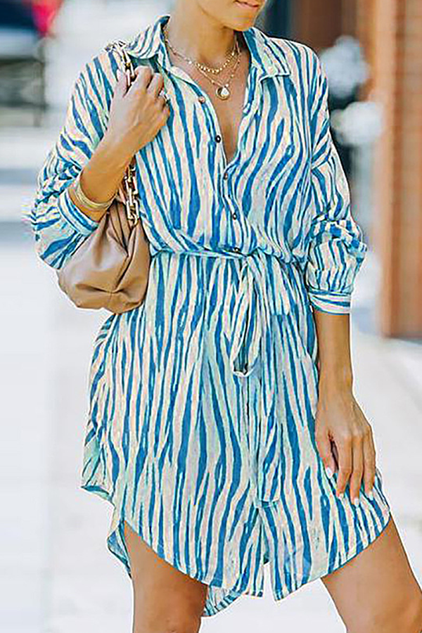 Fashion Casual Striped Buckle With Belt Turndown Collar Shirt Dress Dresses£¨7 colors£©