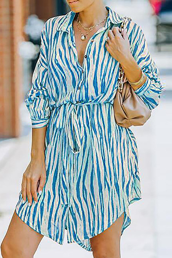 Fashion Casual Striped Buckle With Belt Turndown Collar Shirt Dress Dresses£¨7 colors£©