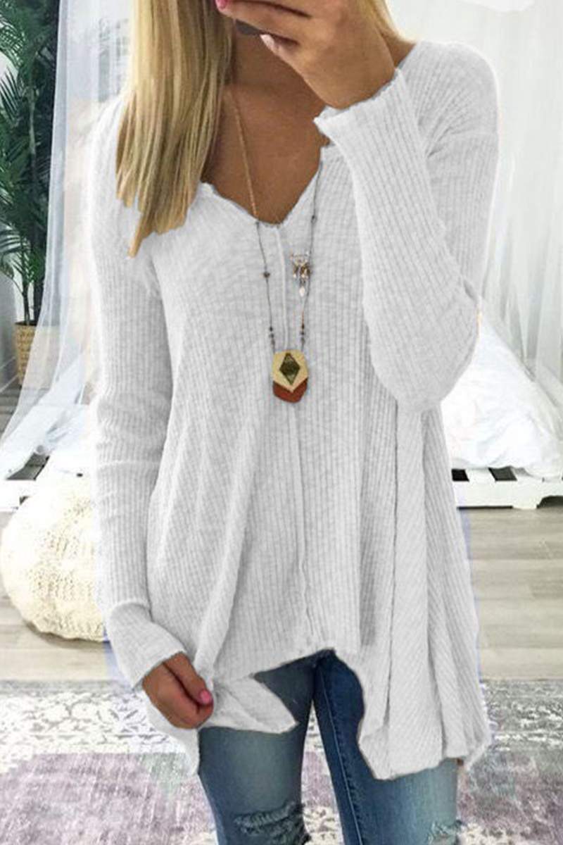 Casual Solid Patchwork V Neck Long Sleeve Tops(5 Colors)