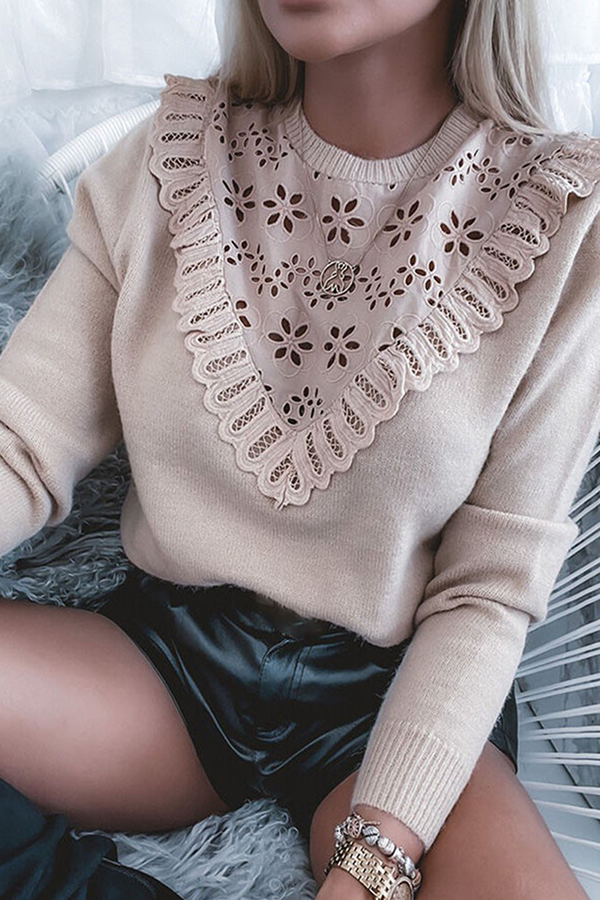 Casual Solid Lace Split Joint O Neck Tops