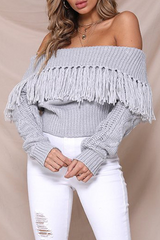 Casual Elegant Solid Tassel Patchwork Off the Shoulder Tops(3 Colors)