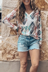 Casual Geometric Patchwork Pocket V Neck Tops