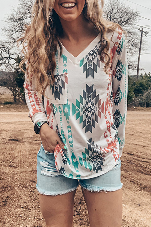 Casual Geometric Patchwork Pocket V Neck Tops