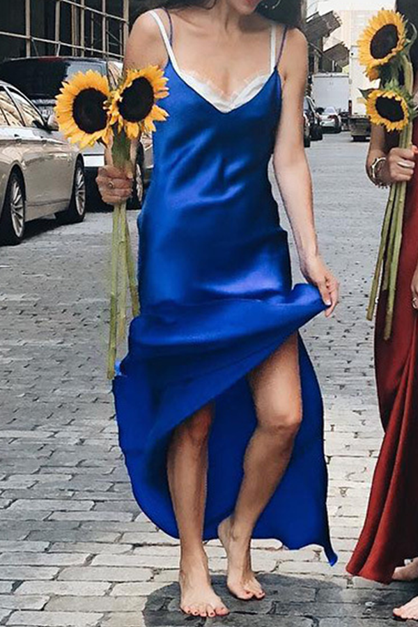Fashion Casual Solid Split Joint Slit V Neck A Line Dresses  (Without Belt)£¨5 colors£©
