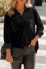 Casual Solid Pocket Buckle Turndown Collar Tops