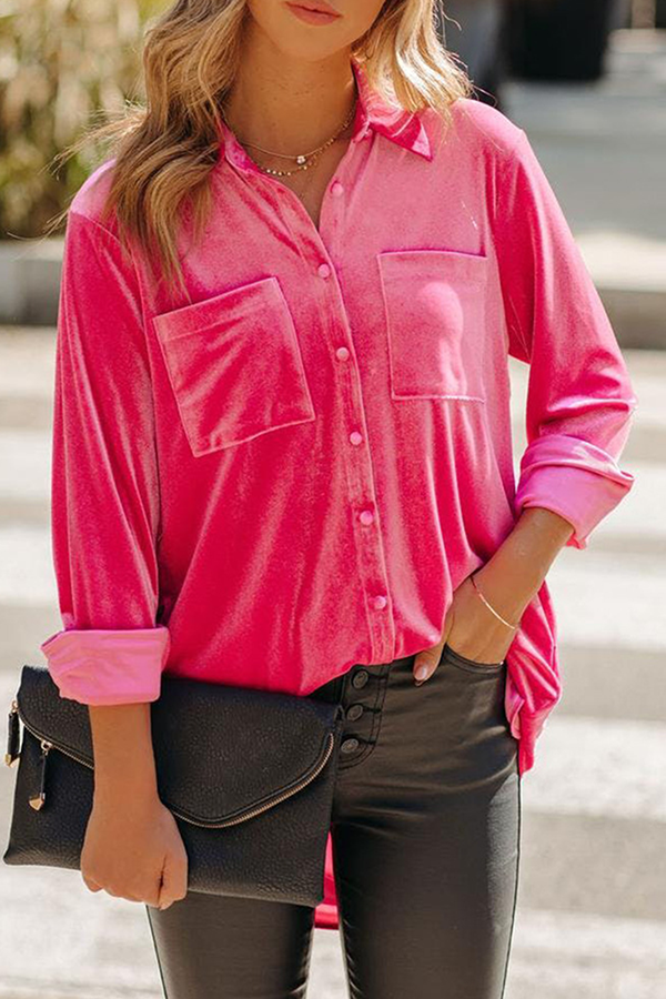 Casual Solid Pocket Buckle Turndown Collar Tops