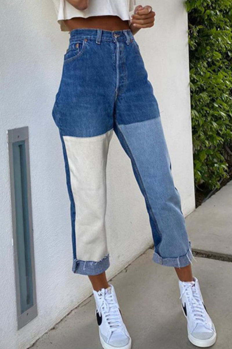 Casual Print Split Joint Mid Waist Straight Denim Jeans