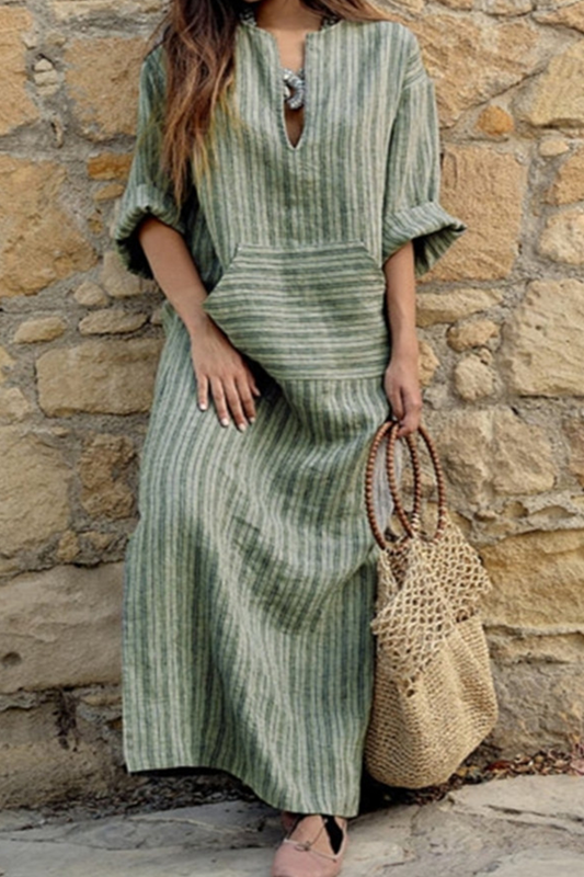 Casual Striped Split Joint V Neck Straight Dresses(3 colors)