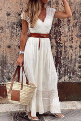 Casual Solid Patchwork V Neck Waist Skirt Dresses