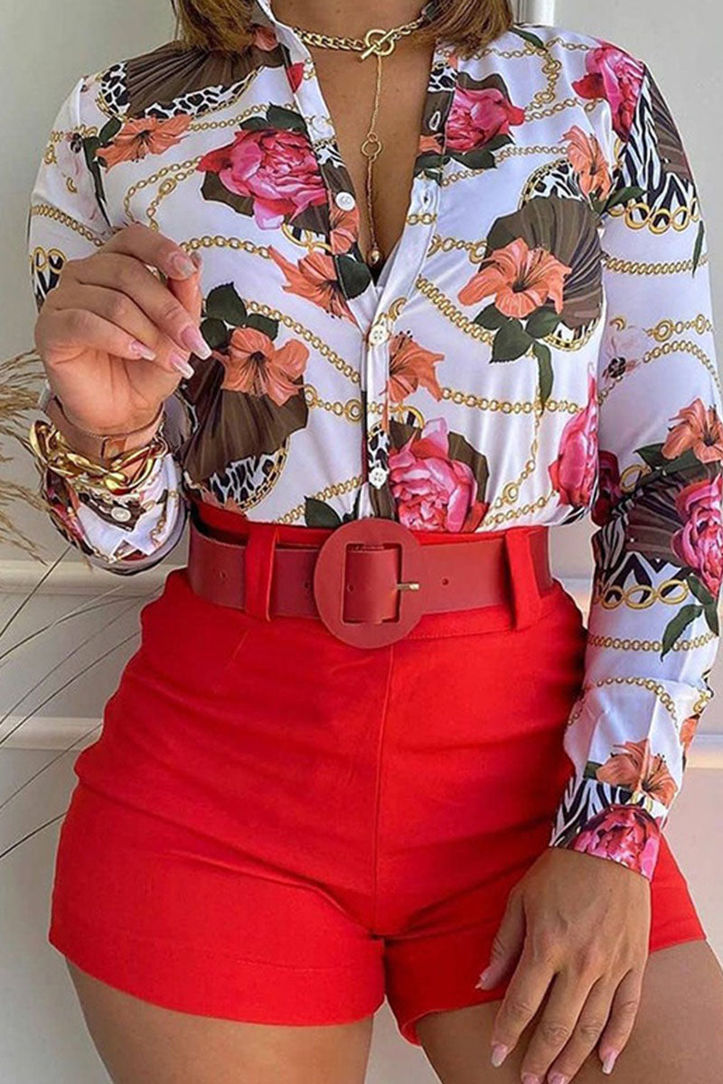 Casual Print Patchwork Buckle Turndown Collar Long Sleeve Two Pieces(9 Colors)