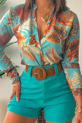 Casual Print Patchwork Buckle Turndown Collar Long Sleeve Two Pieces