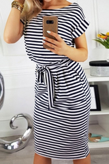 Casual Striped Patchwork O Neck Waist Skirt Dresses