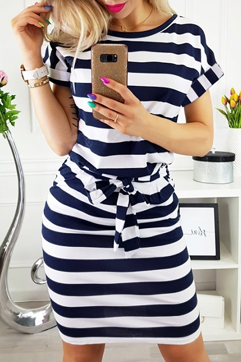 Casual Striped Patchwork O Neck Waist Skirt Dresses