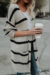 Fashion Striped Split Joint Cardigan Collar Outerwear