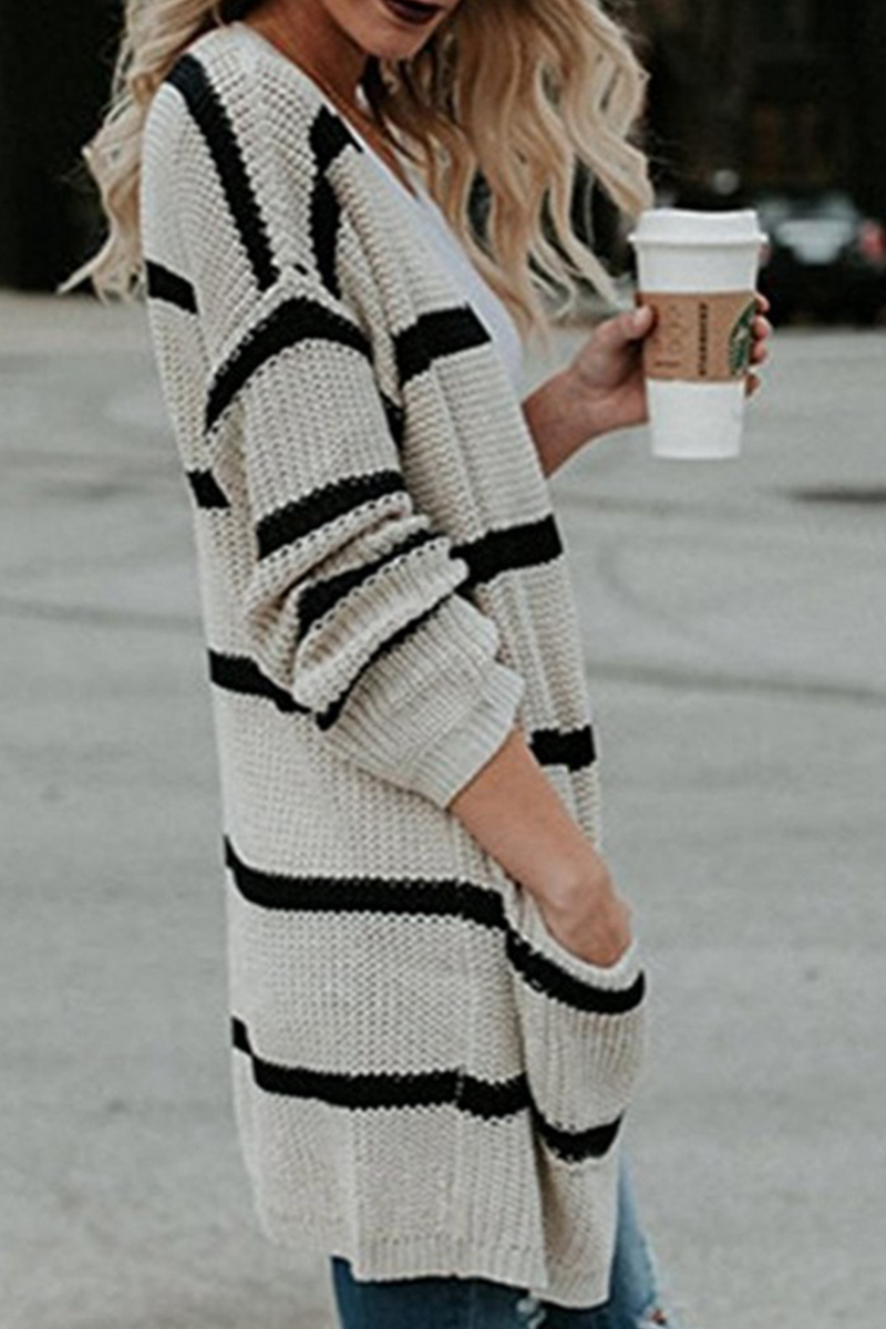 Fashion Striped Split Joint Cardigan Collar Outerwear