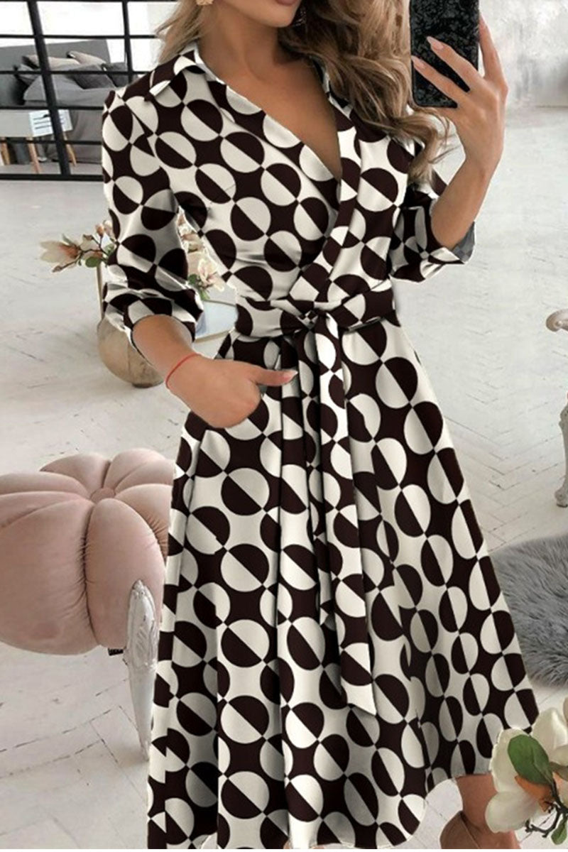 Casual Print Bandage Patchwork V Neck A Line Dresses(6 Colors)