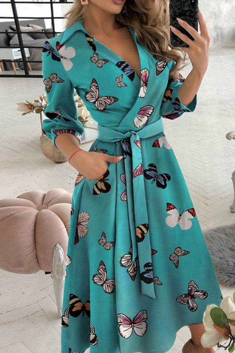 Casual Print Bandage Patchwork V Neck A Line Dresses(6 Colors)