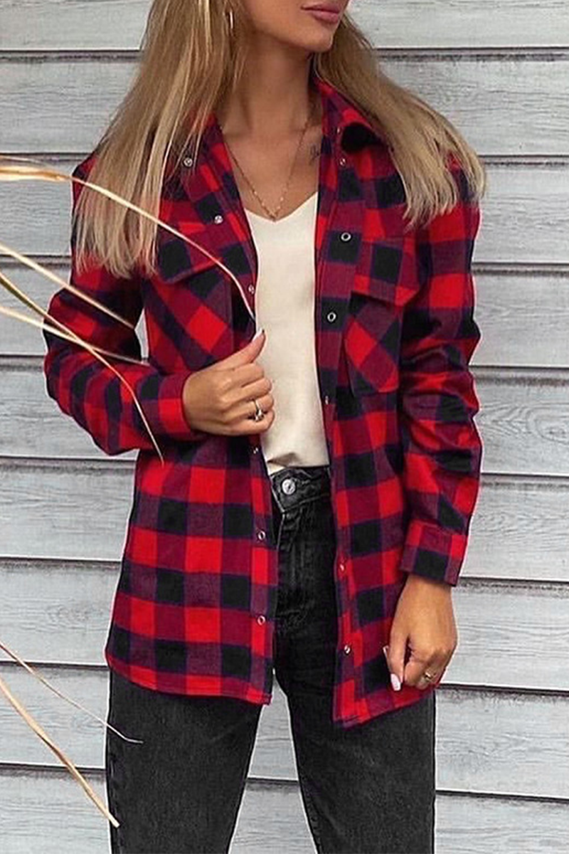 Casual Plaid Pocket Buckle Turndown Collar Tops(3 colors)