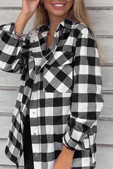 Casual Plaid Pocket Buckle Turndown Collar Tops(3 colors)