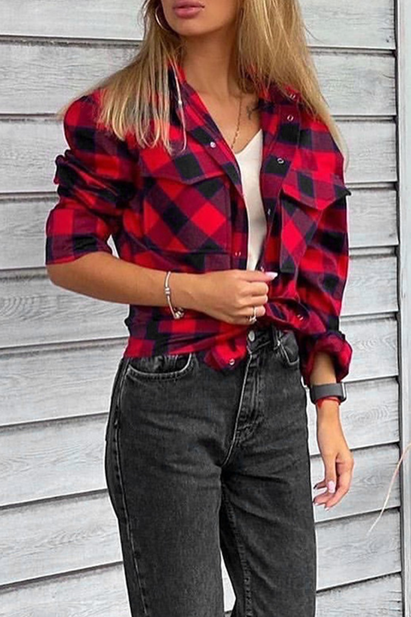 Casual Plaid Pocket Buckle Turndown Collar Tops(3 colors)