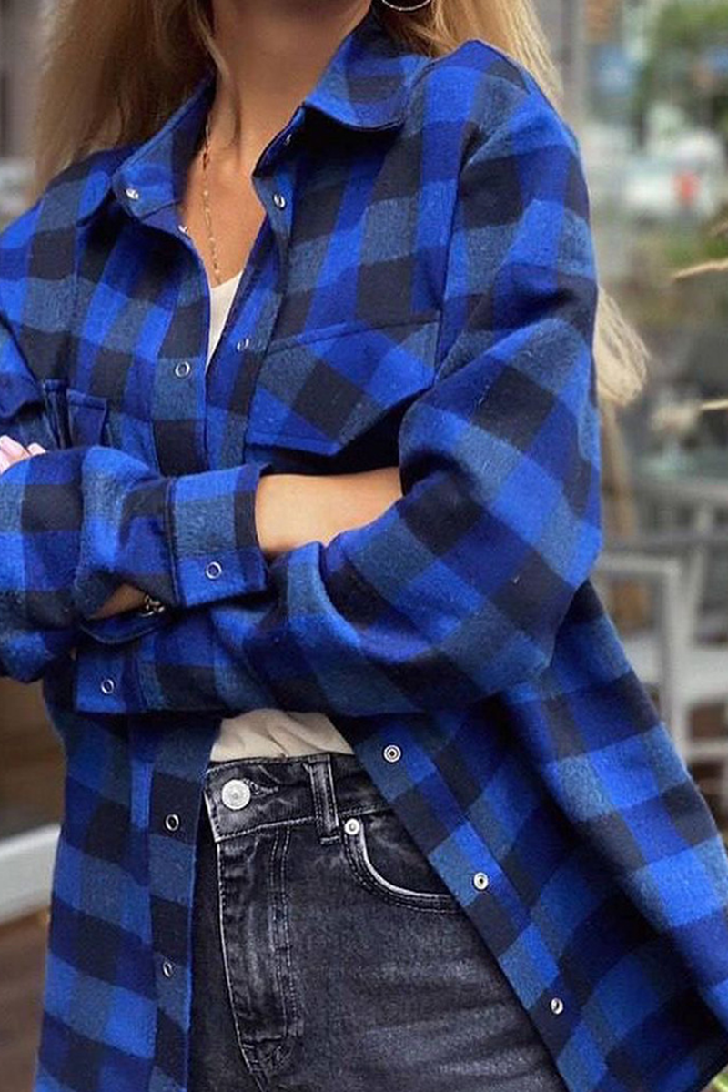 Casual Plaid Pocket Buckle Turndown Collar Tops(3 colors)